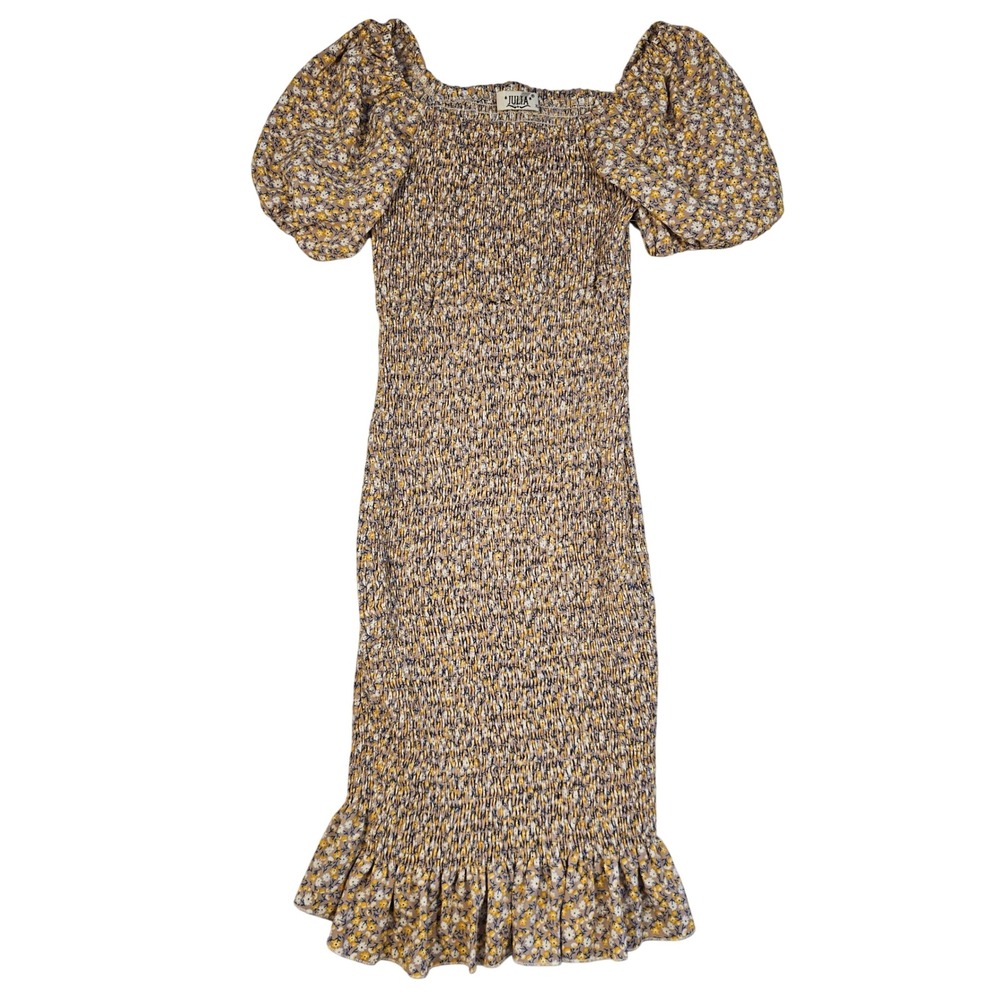 Julia Floral Smocked Midi Dress‎ XL Yellow Blue Puff Sleeve Ruffle Hem Bodycon